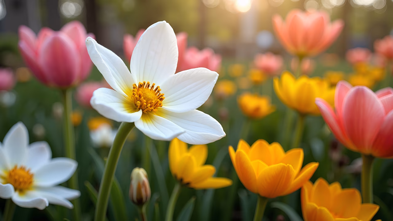 Close-up of a white flower with yellow centers amidst vibrant tulips in shades of pink and yellow.