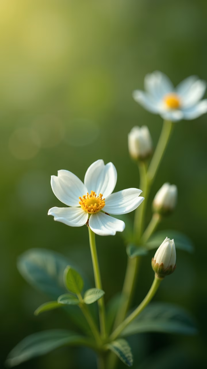 Delicate white flowers with vibrant yellow centers on a soft green background, serene nature illustration