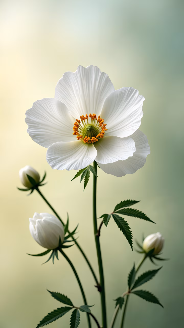 Delicate white flower with vibrant orange stamens, intricate petals, soft gradient background, serene and elegant atmosphere.
