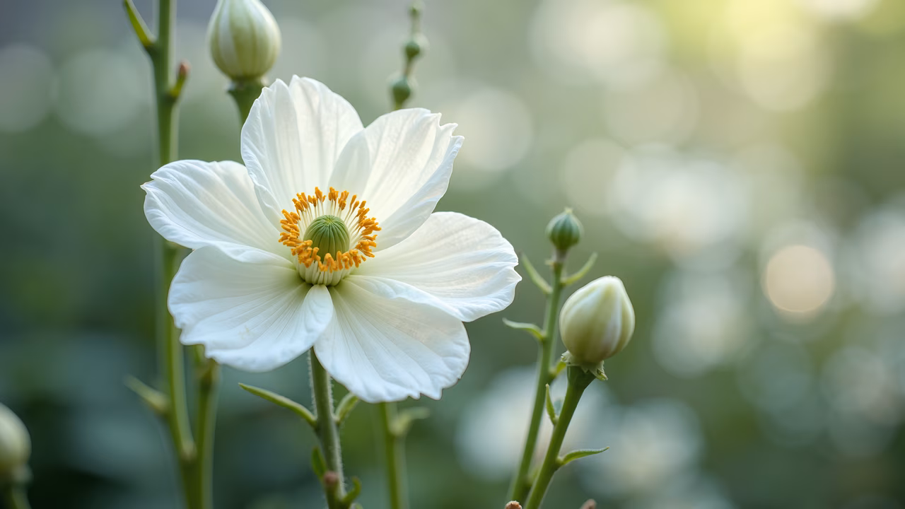 Delicate white flower with vibrant yellow stamens, serene nature illustration