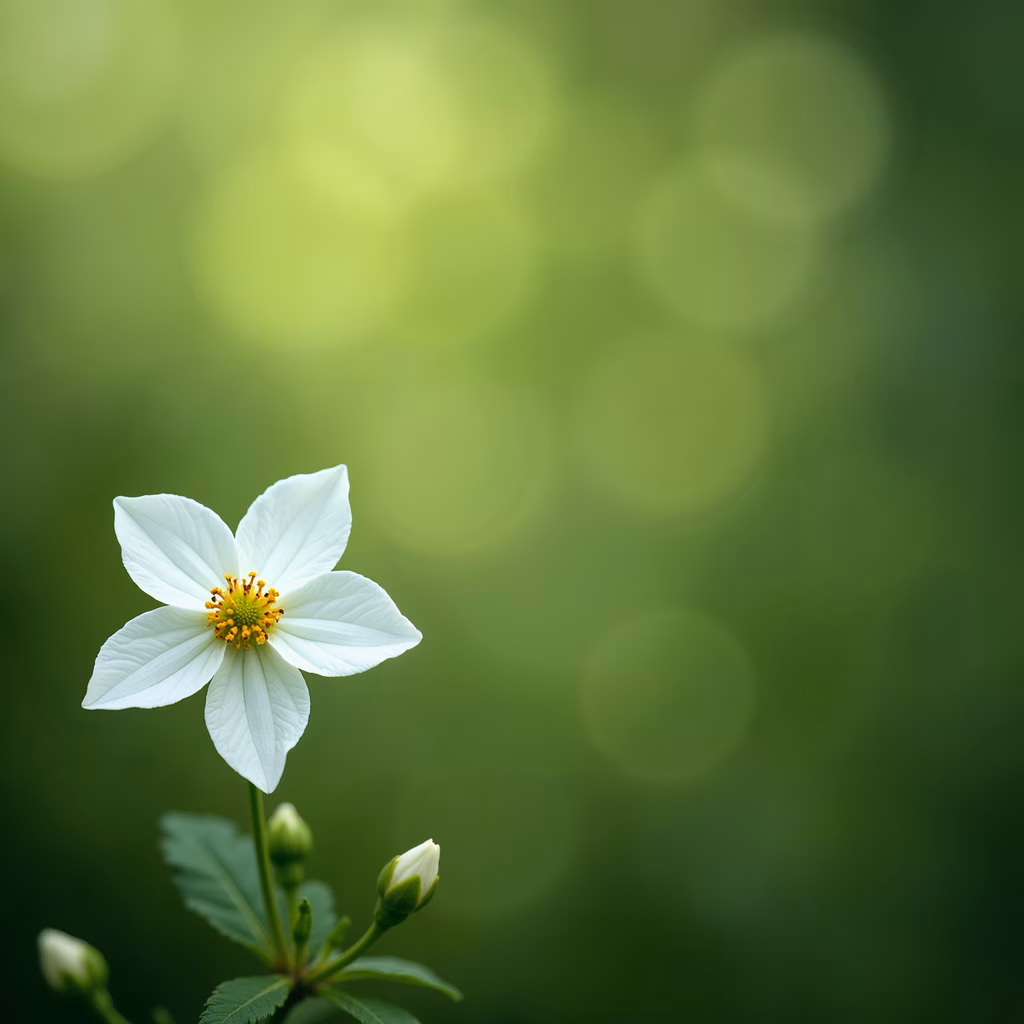 Delicate white flower with yellow stamens on a soft green background