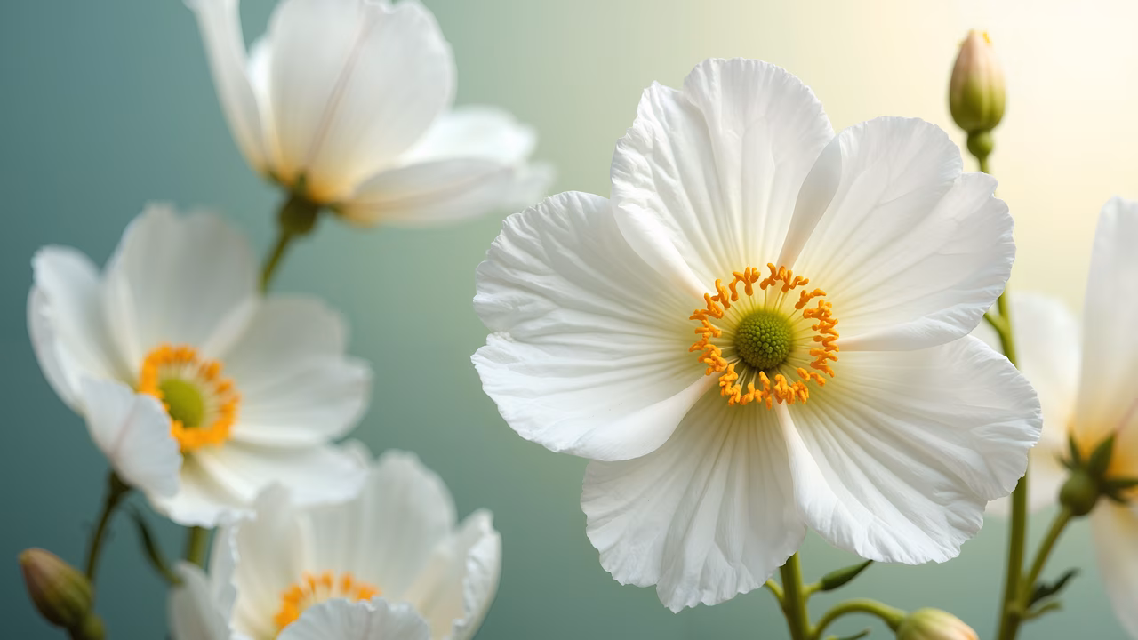 Delicate white flowers with vibrant yellow centers on a soft green background, serene and natural atmosphere.