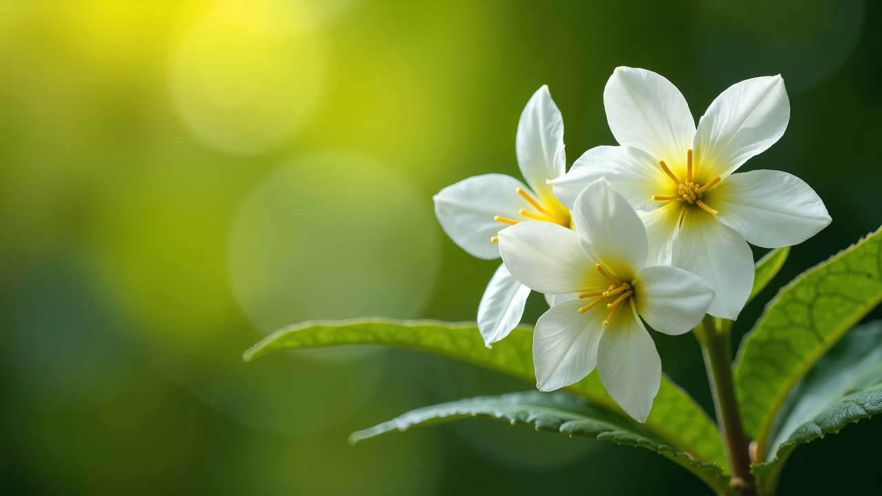 Delicate white flowers with yellow centers, vibrant green background, serene springtime atmosphere.