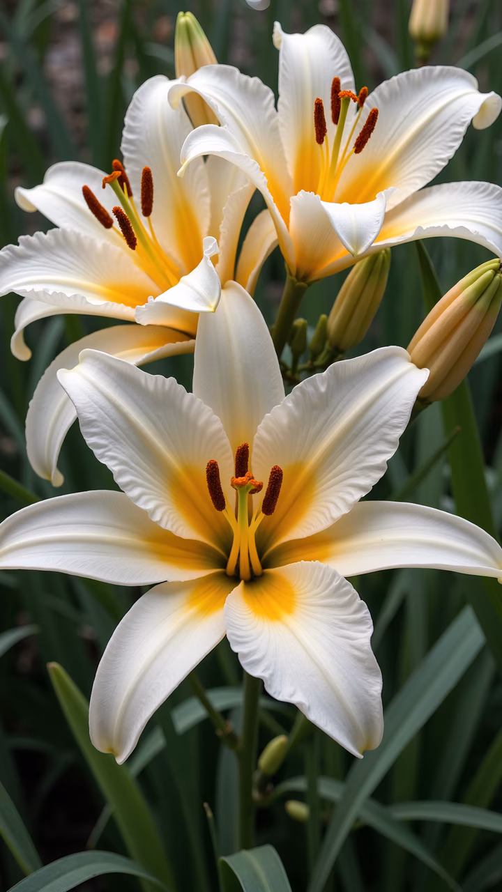 Delicate white lilies in full bloom with vibrant yellow centers and lush green foliage.