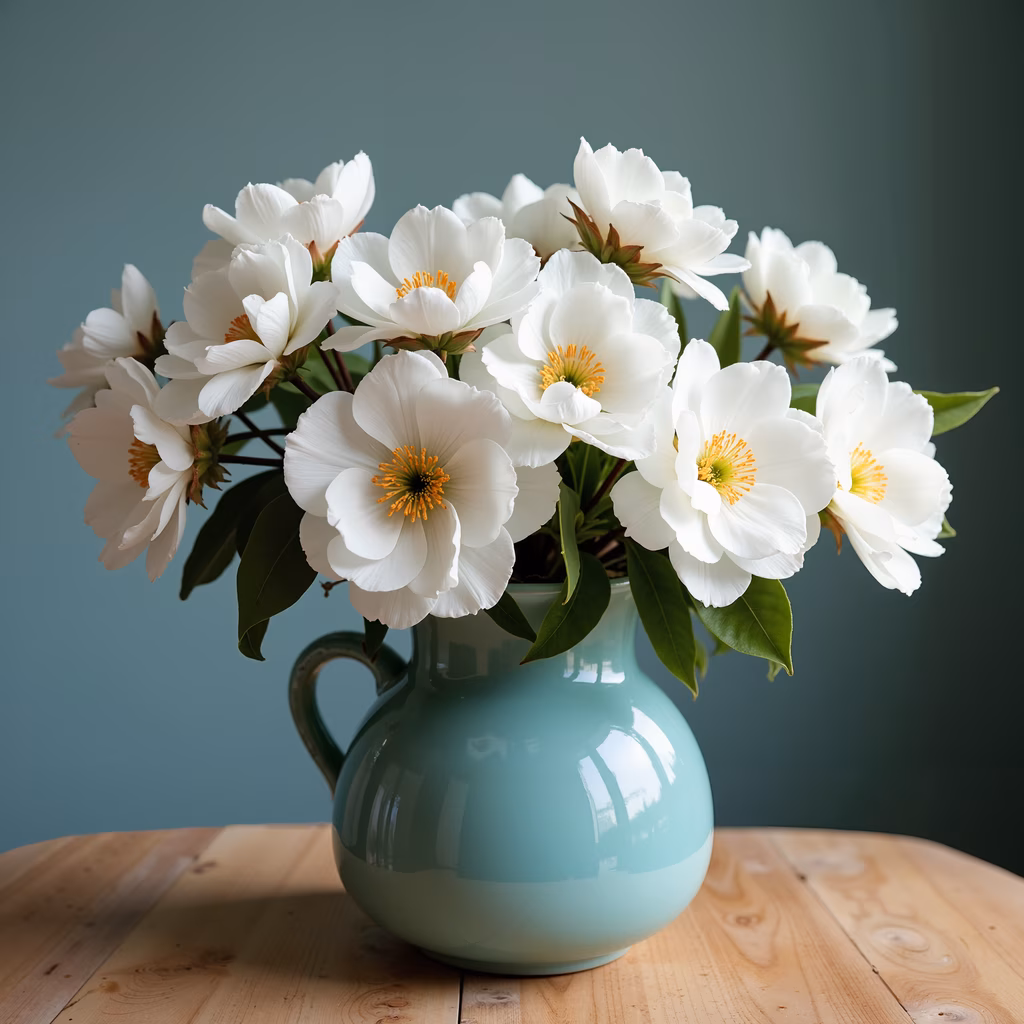 Elegant white peonies in an aqua vase, set against a teal background.