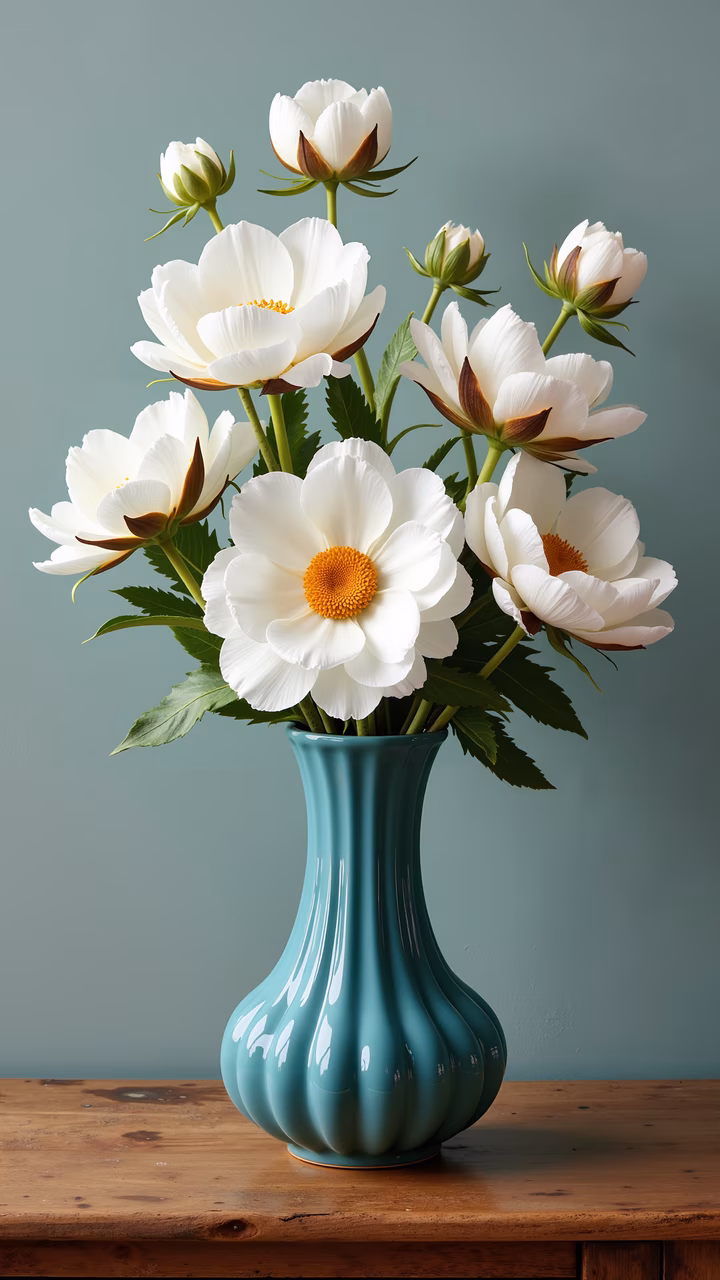 A beautiful floral arrangement of white peonies in a teal vase, evoking a sense of calm and elegance.