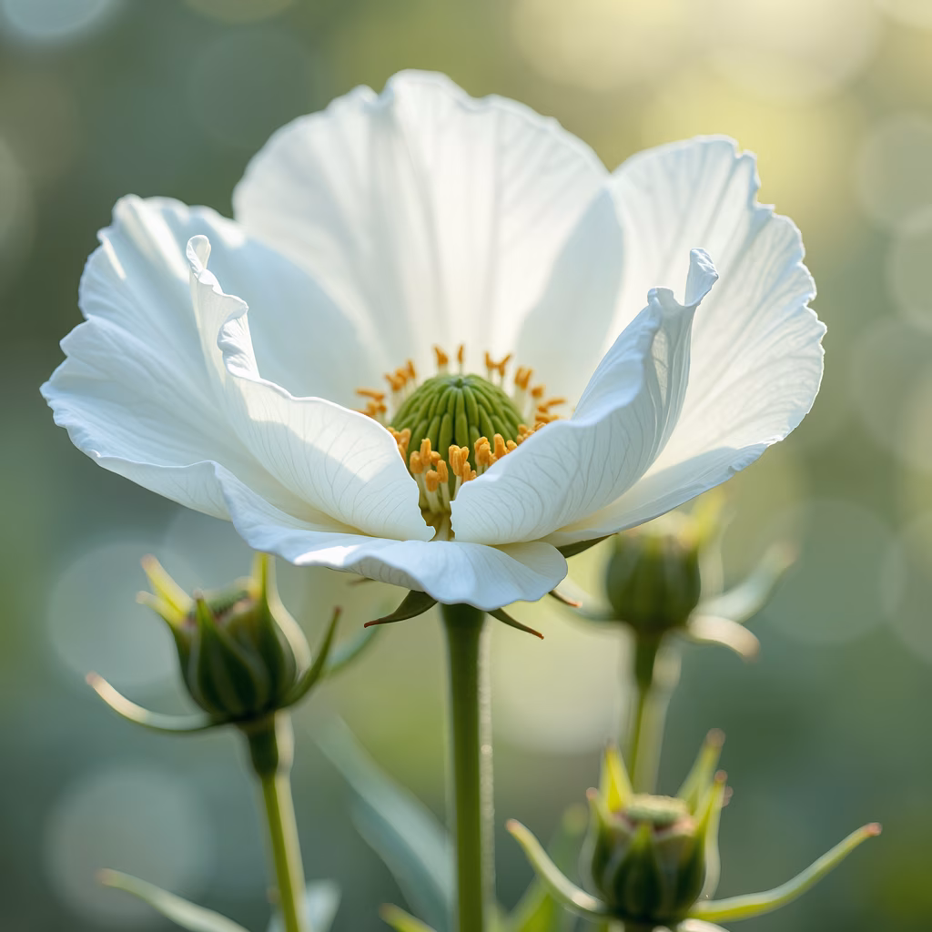 A close-up illustration of a white poppy flower in full bloom, surrounded by unopened buds, showcasing its delicate beauty and serene atmosphere.