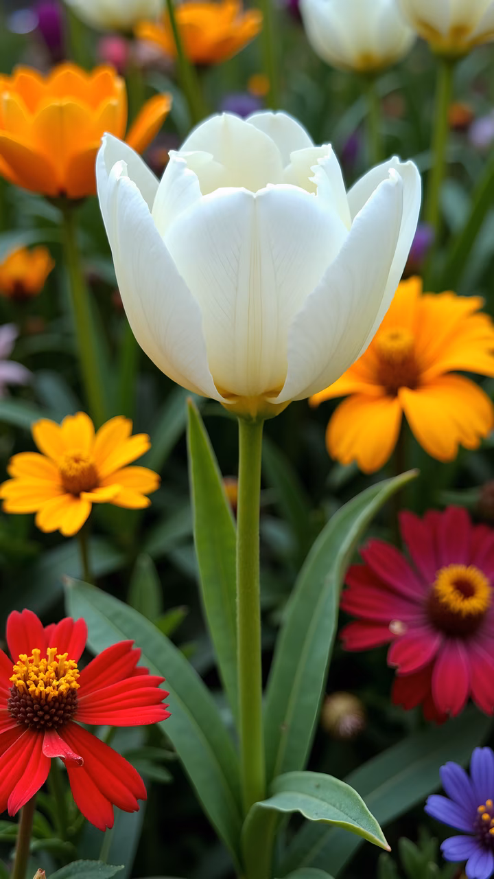 Close-up of a white tulip amidst colorful flowers, highlighting spring's natural beauty.
