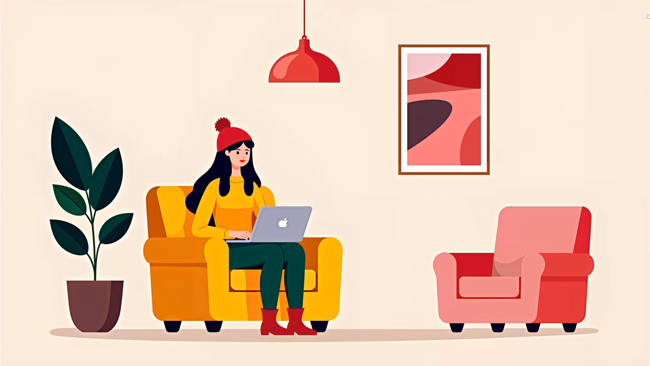 Woman working on laptop in cozy living room setting