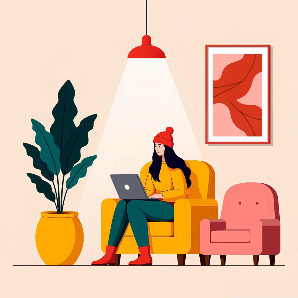 Woman working on laptop in a cozy, modern interior with warm lighting and stylish decor.