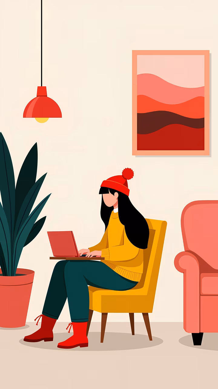 Woman working on laptop in a cozy, colorful interior setting.