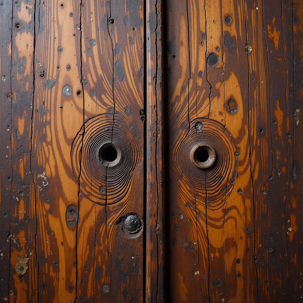 Close-up of rustic wooden doors with detailed grain patterns and warm tones.