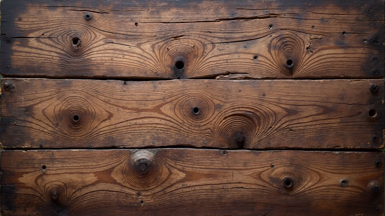 Close-up of weathered wooden planks with detailed grain patterns and warm brown tones.