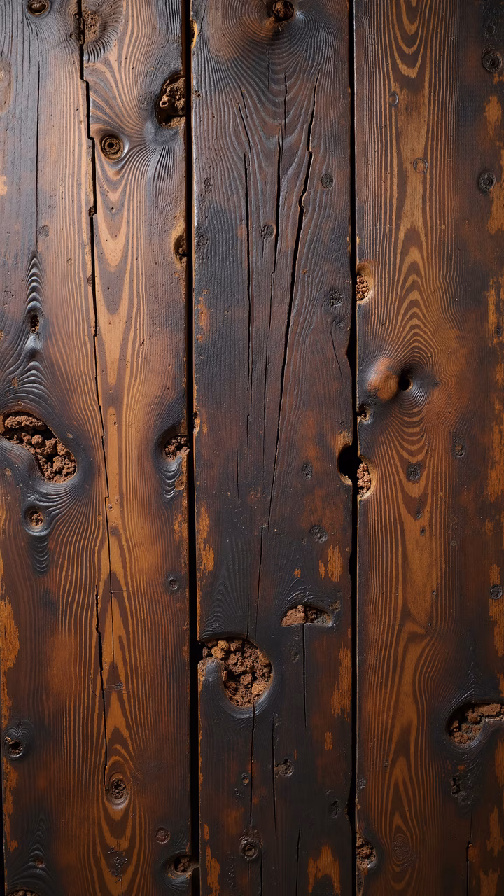 Close-up of wooden planks with intricate grain patterns and natural imperfections, showcasing their rustic beauty and depth.