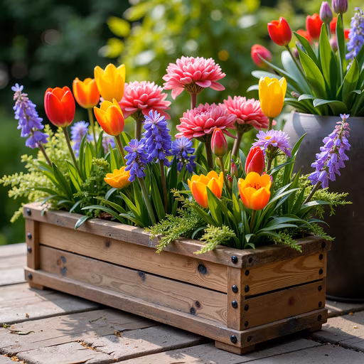 Wooden Planter with Vibrant Flowers