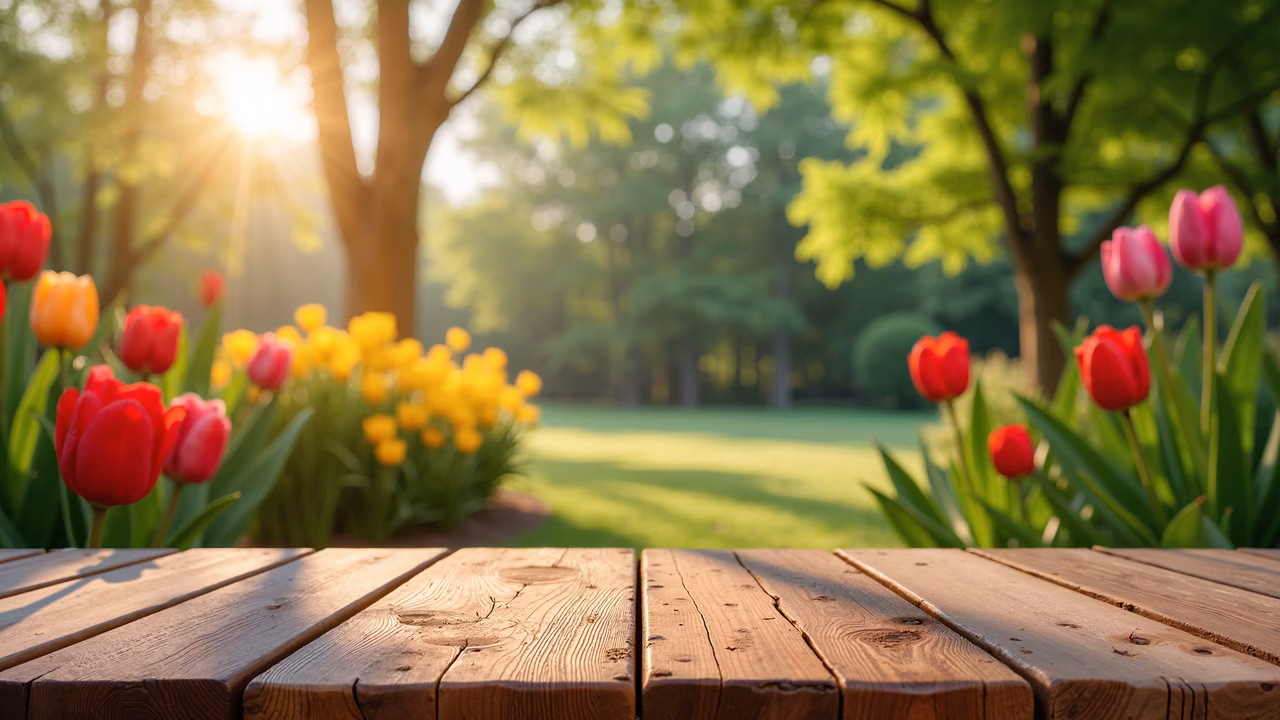 Wooden table with tulips and sunlight, spring nature, flowers, outdoor