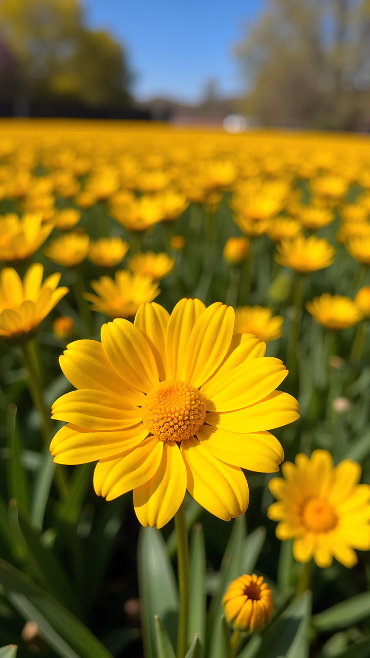 A close-up of a yellow daisy in a sunlit field, showcasing the beauty of nature.