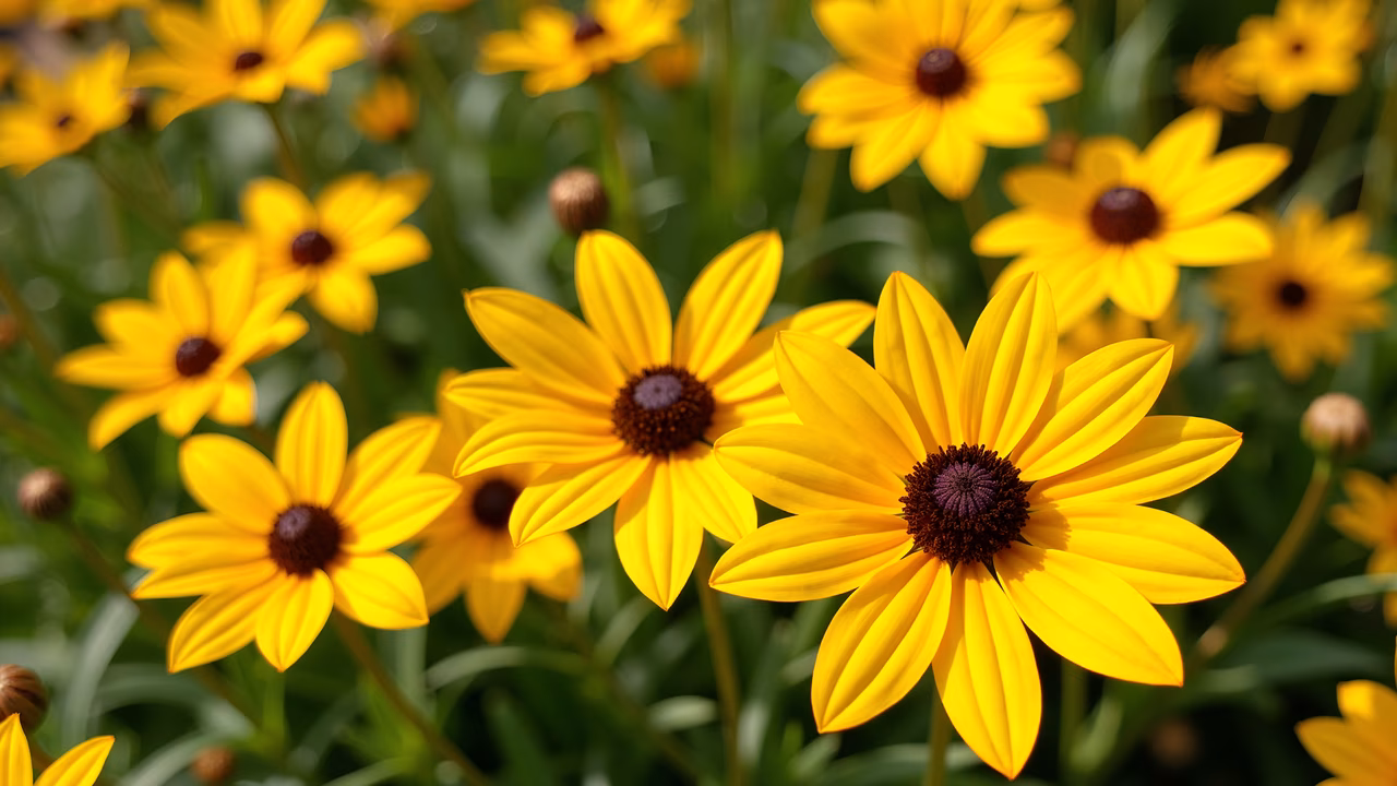Vibrant yellow flowers with dark centers, lush green background, nature illustration