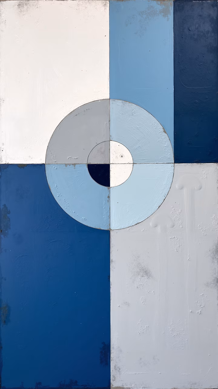 Abstract geometric artwork with balanced blue and white tones.