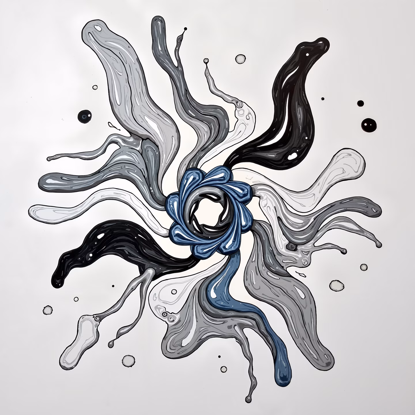 Dynamic abstract illustration with fluid splashes and a central blue flower-like shape.