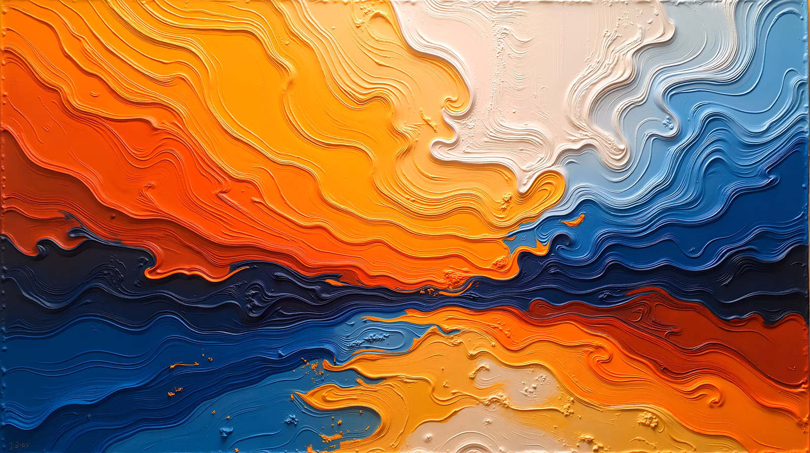 Vibrant abstract waves in shades of orange, blue, and white, creating a dynamic and fluid composition.