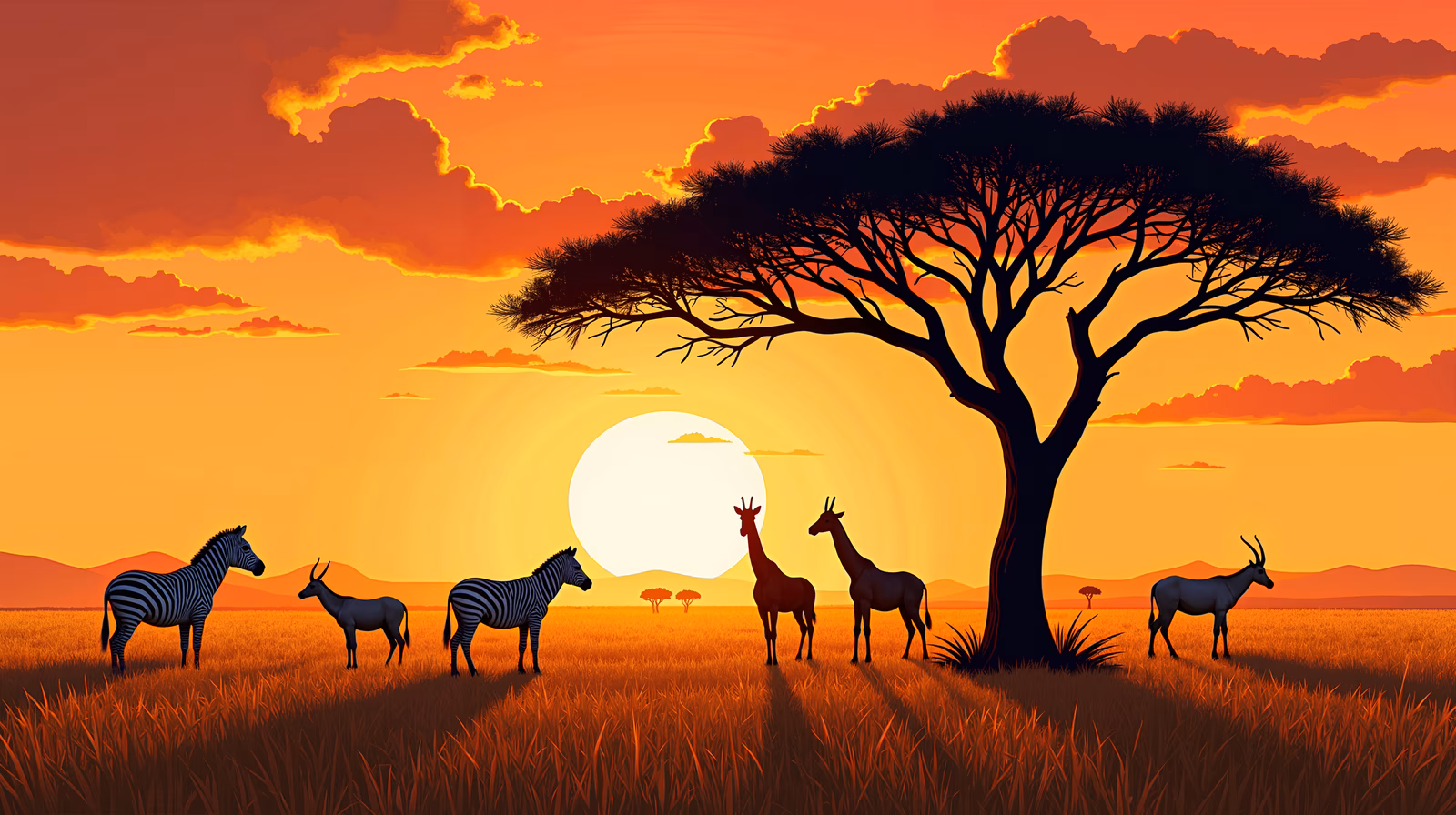 African sunset with zebras and antelopes grazing under a golden sky.