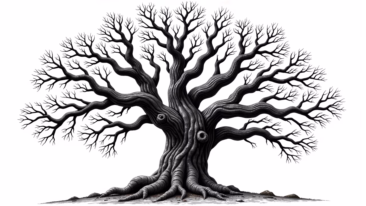 Detailed monochrome illustration of an ancient tree, emphasizing texture and depth.