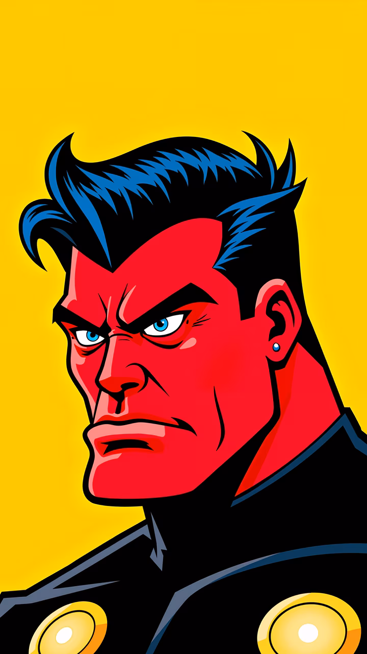 A powerful and determined warrior with a striking red face and intense blue eyes, set against a vibrant yellow background.
