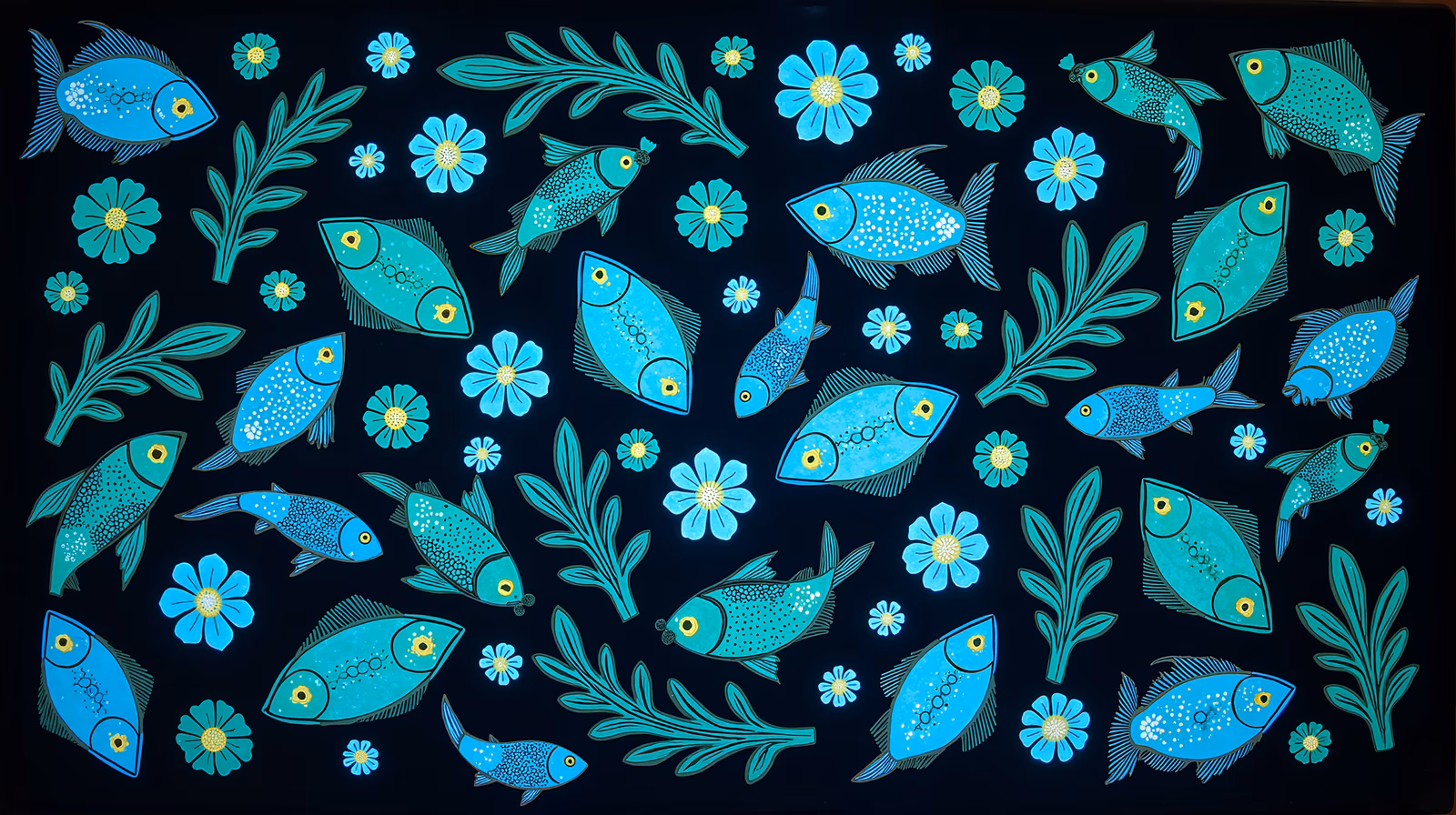 Stylized fish and flowers on a dark background, creating a serene aquatic scene.