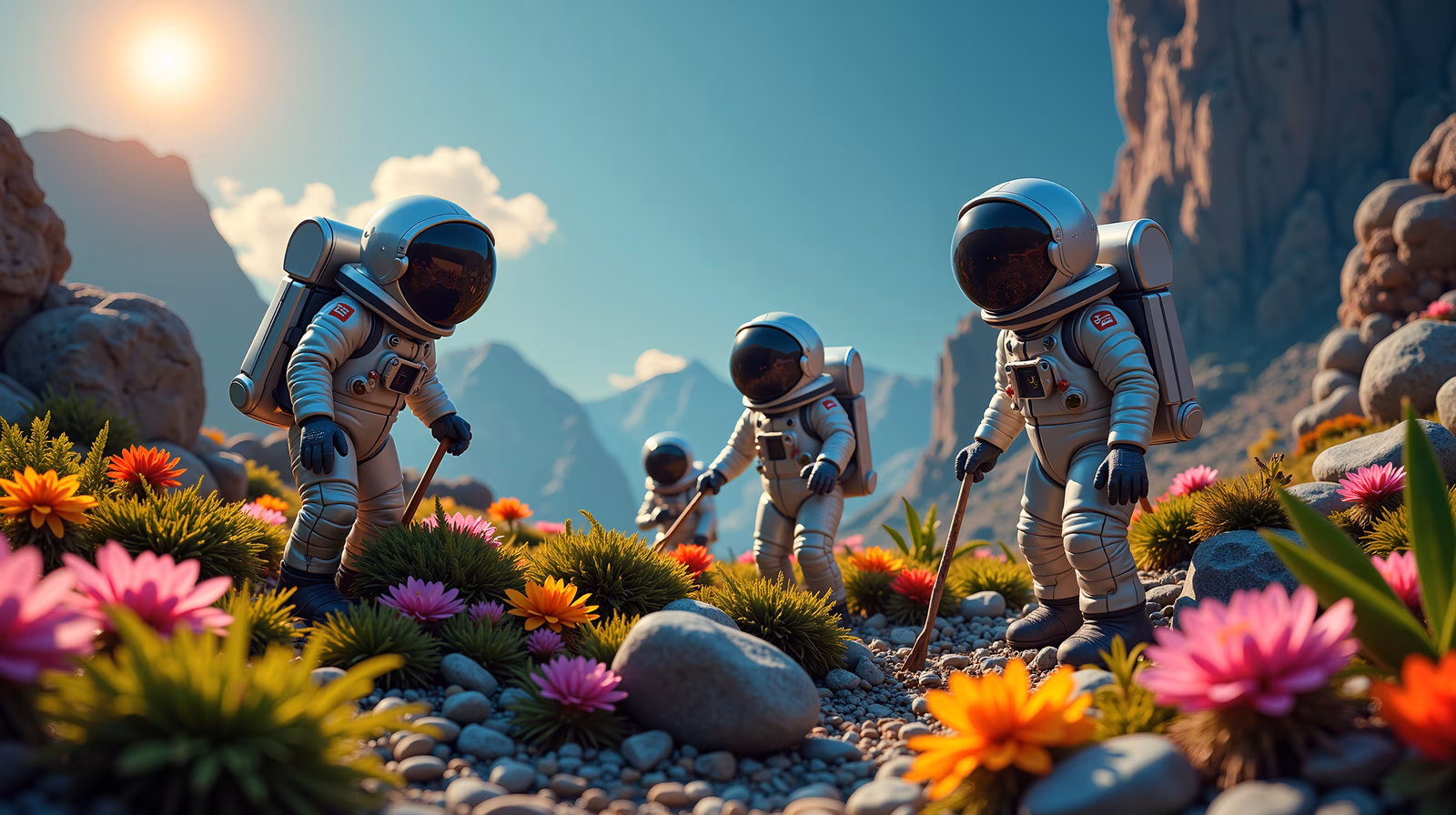 Three astronauts explore a colorful flower garden under a bright sun.