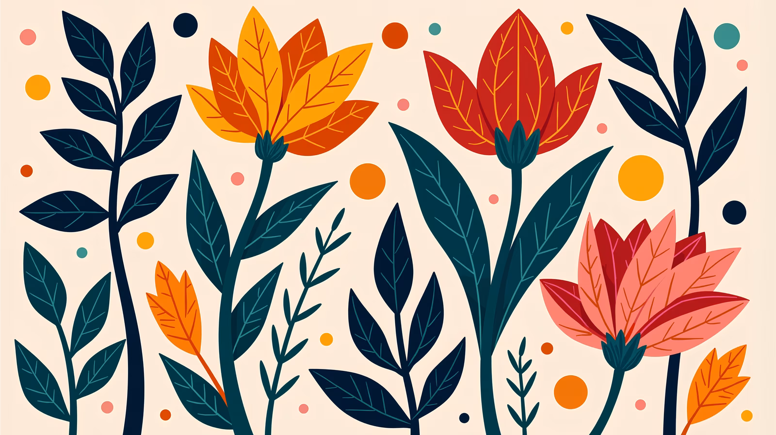 Vibrant autumn floral illustration with bold colors and geometric shapes.