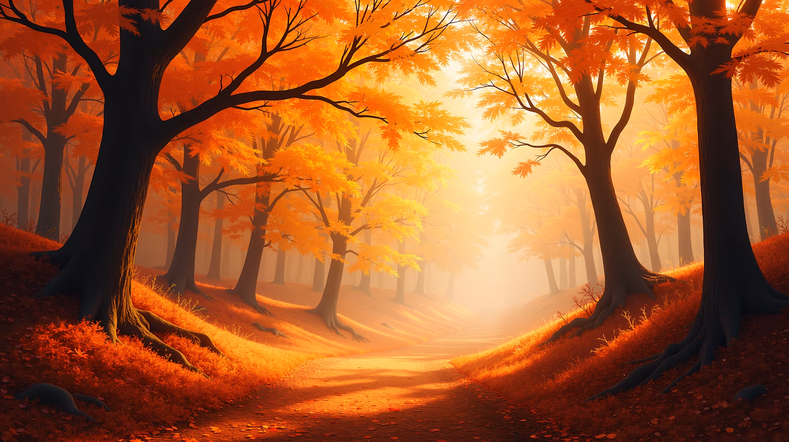 A tranquil autumn forest scene with vibrant colors and a misty atmosphere.
