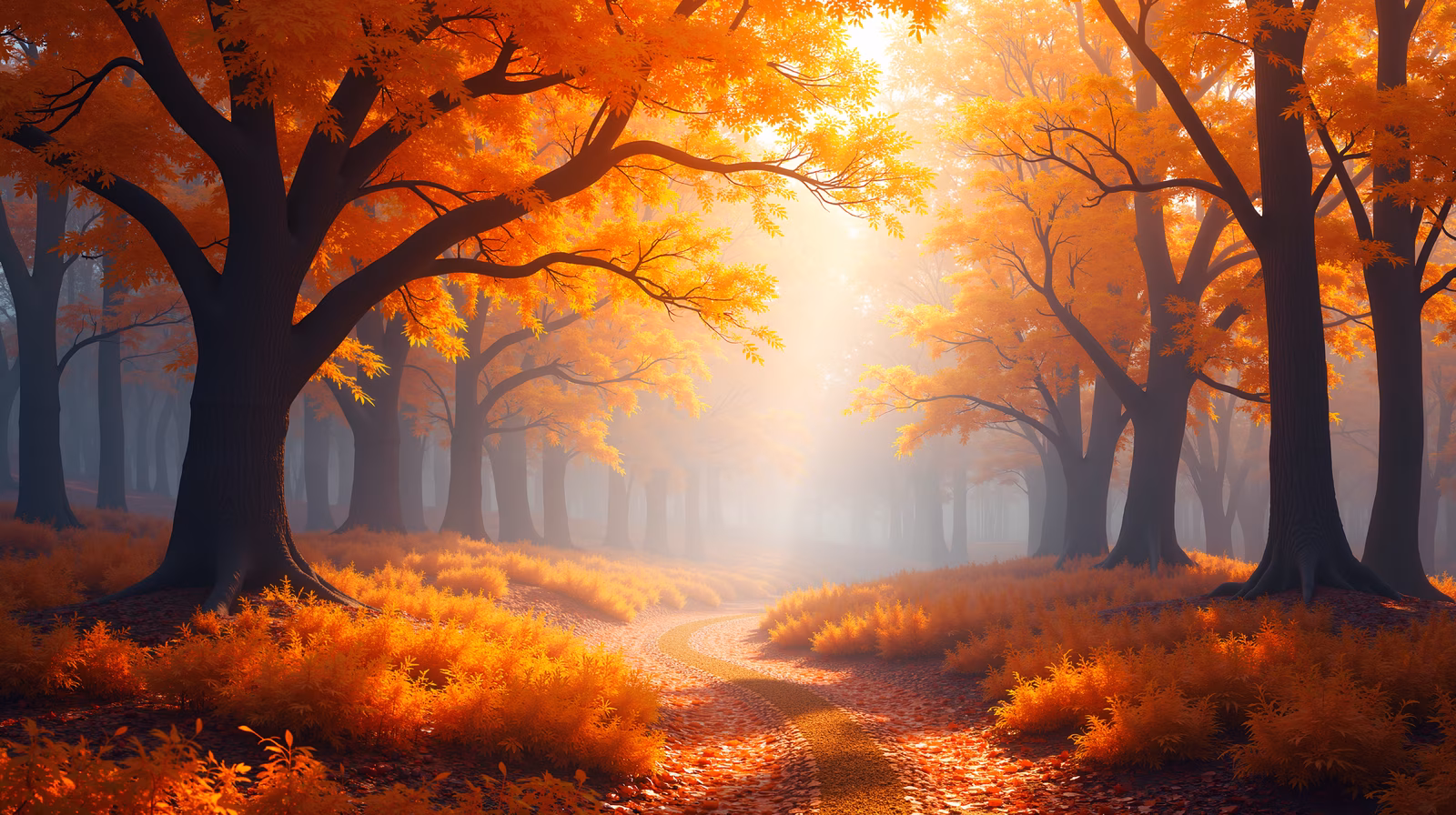 A tranquil autumn forest scene with warm colors and soft lighting.