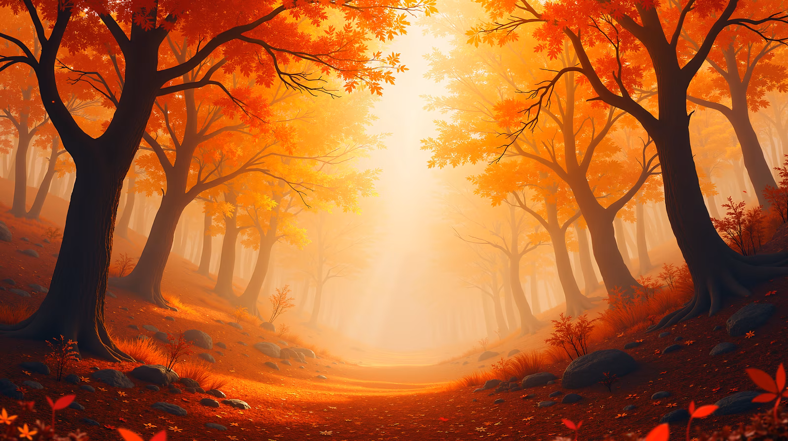 A tranquil autumn forest scene with warm colors and soft lighting.