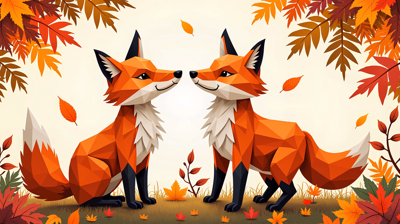 Geometric foxes in autumn foliage, serene nature art.