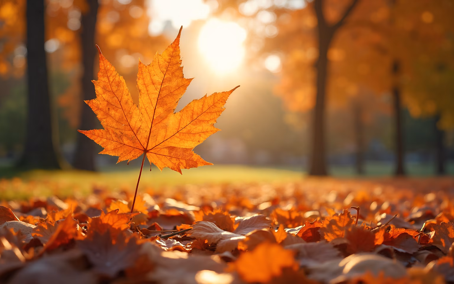 A solitary autumn leaf in a warm, sunlit forest setting.