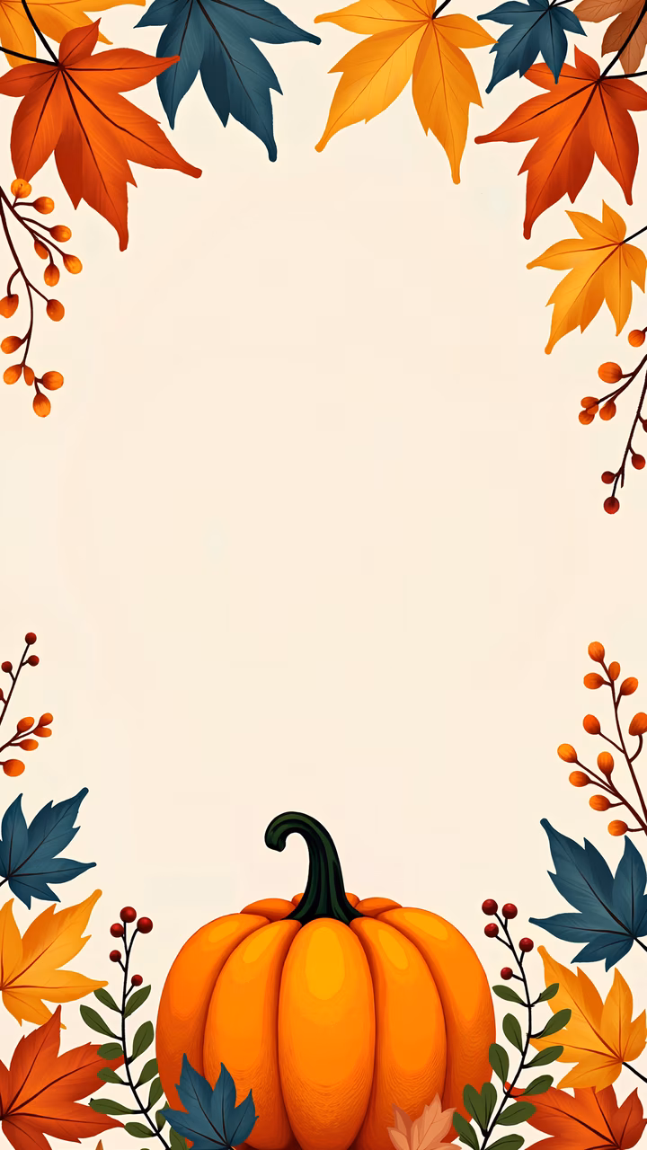 A cheerful autumn illustration featuring a pumpkin and colorful leaves.