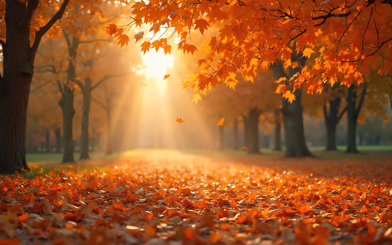 A tranquil autumn scene with golden sunlight and vibrant leaves.