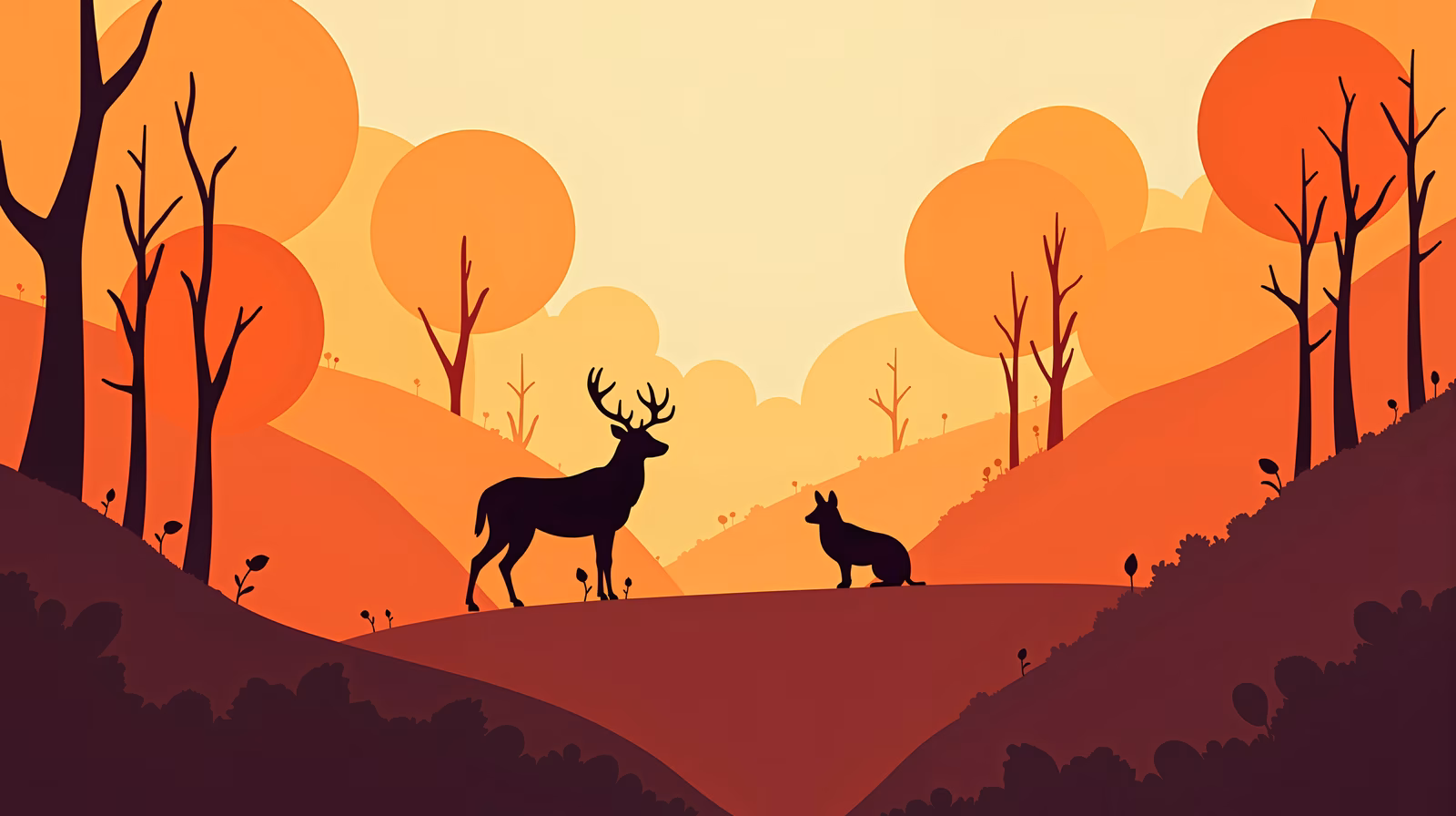 A peaceful autumn landscape featuring a deer and a dog at sunset.