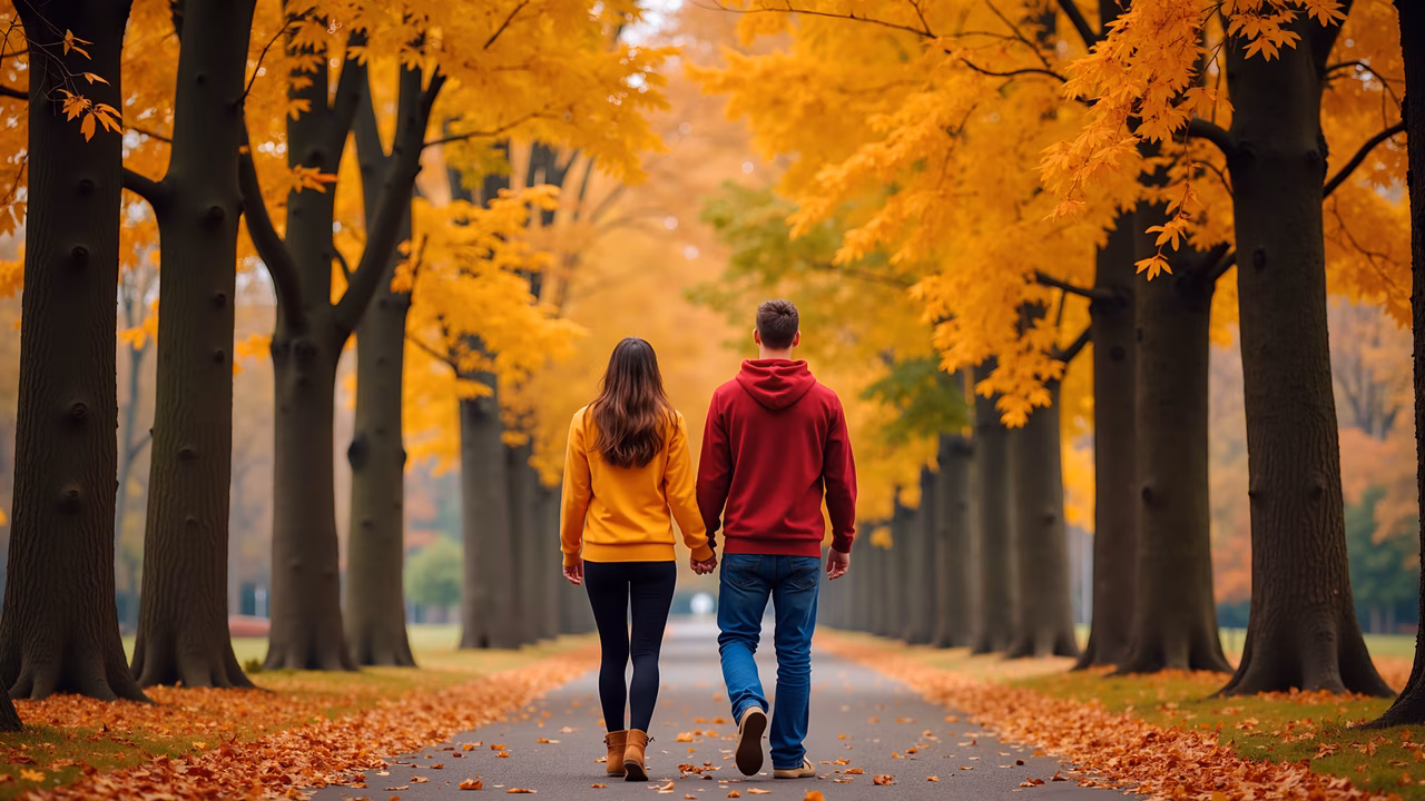Autumn couple walking through colorful leaves, nature photography