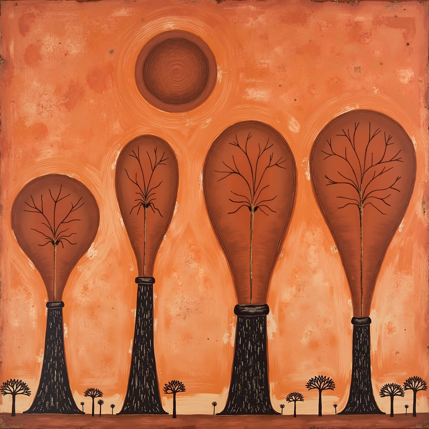 Whimsical balloon-shaped trees against a warm orange backdrop, evoking a sense of warmth and nostalgia.