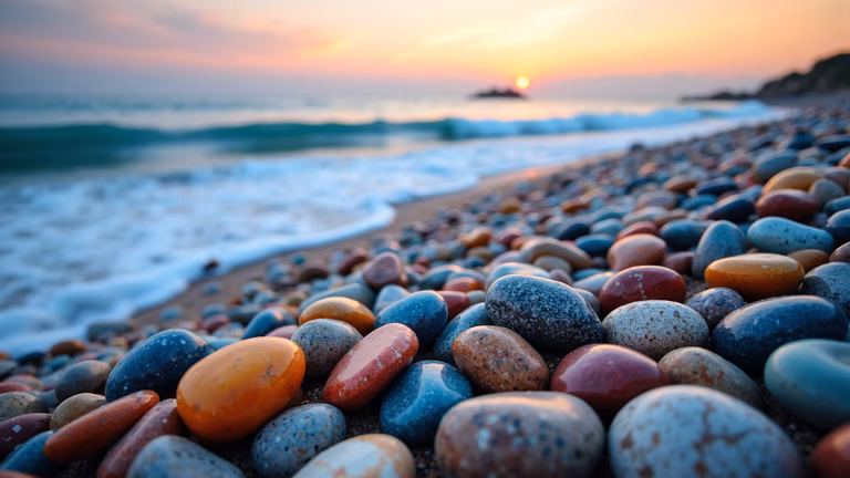 Close-up of vibrant beach pebbles against a sunset backdrop.