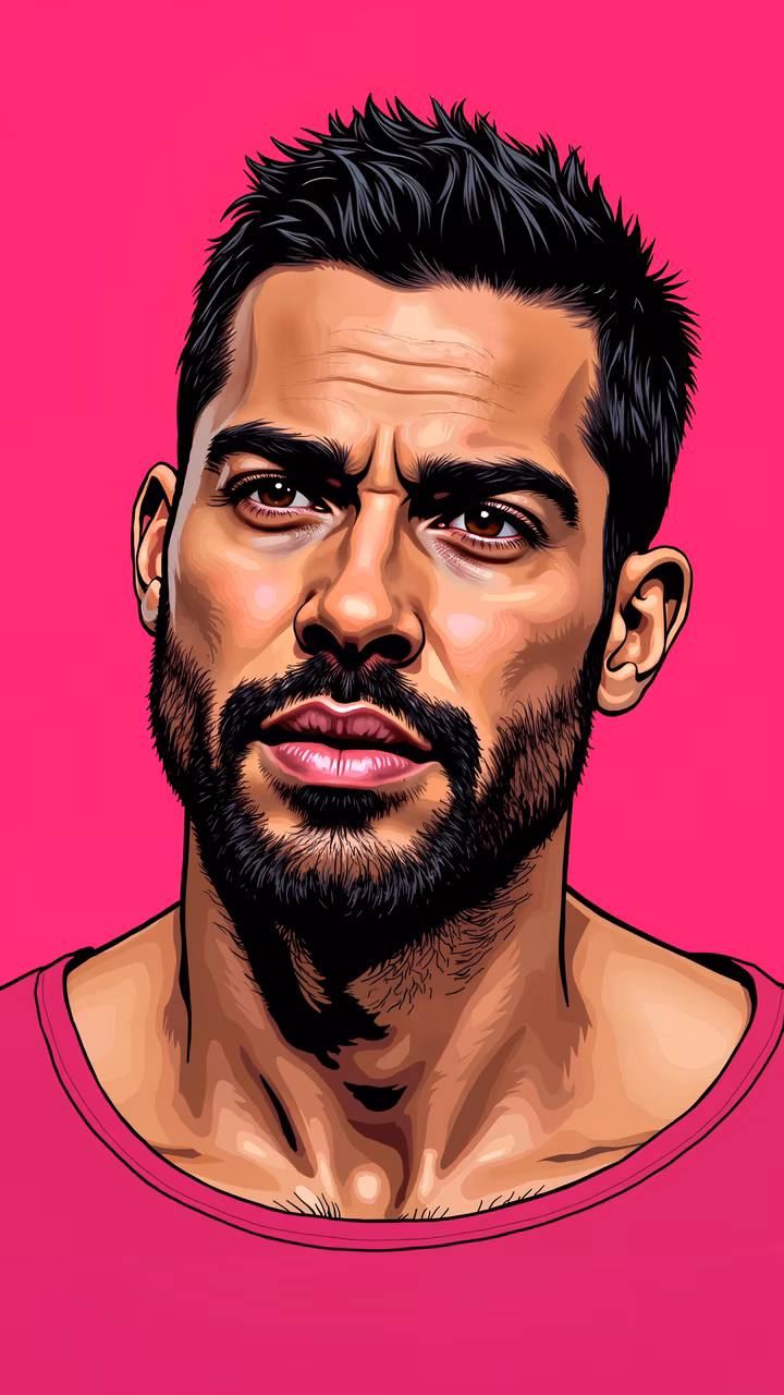 Bold portrait of a bearded man with intense expression on a pink background.