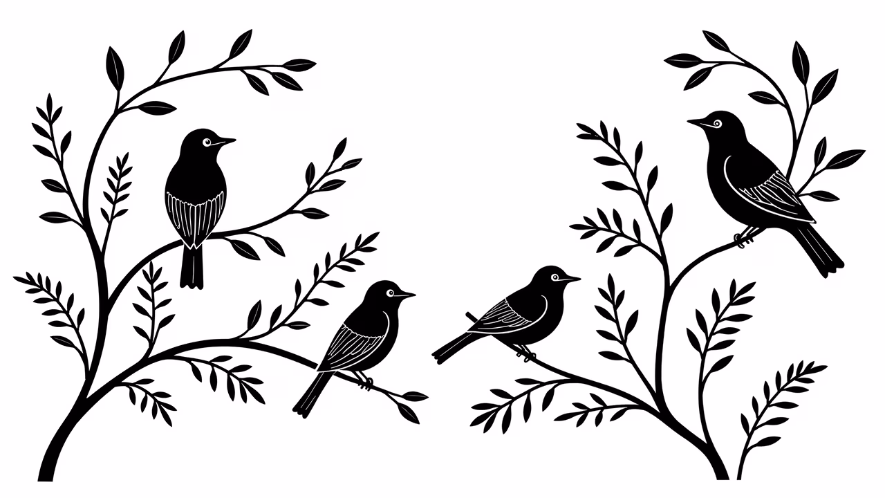 Black-and-white illustration of birds perched on branches, emphasizing nature and serenity.