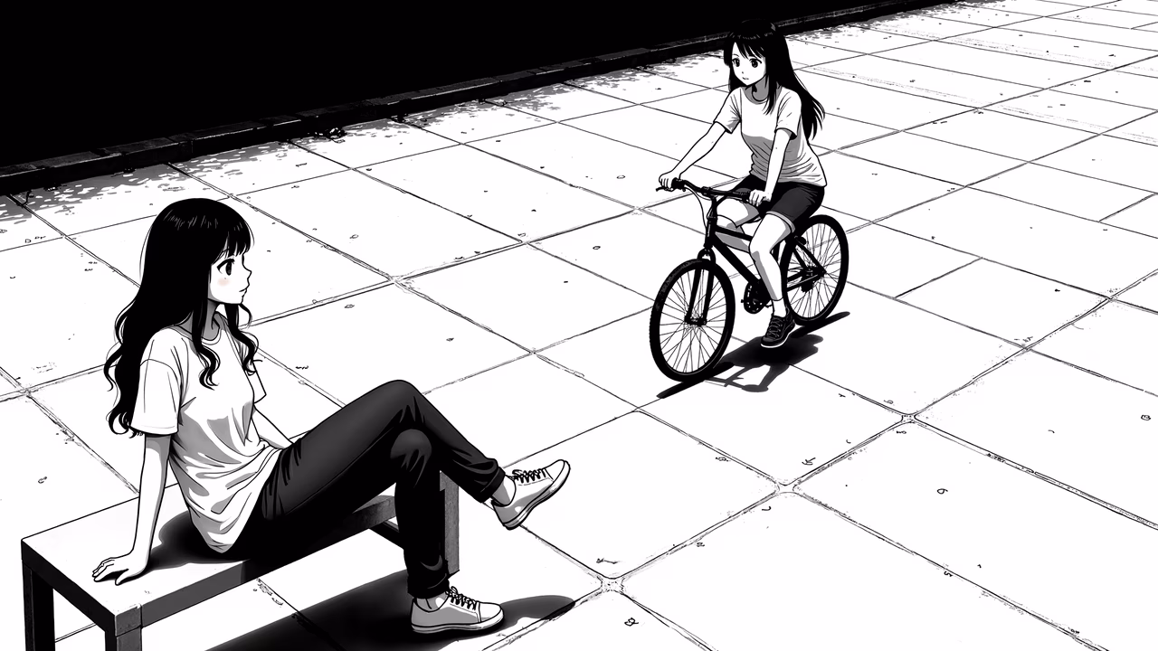 A serene black-and-white illustration depicting a quiet dialogue between two individuals.
