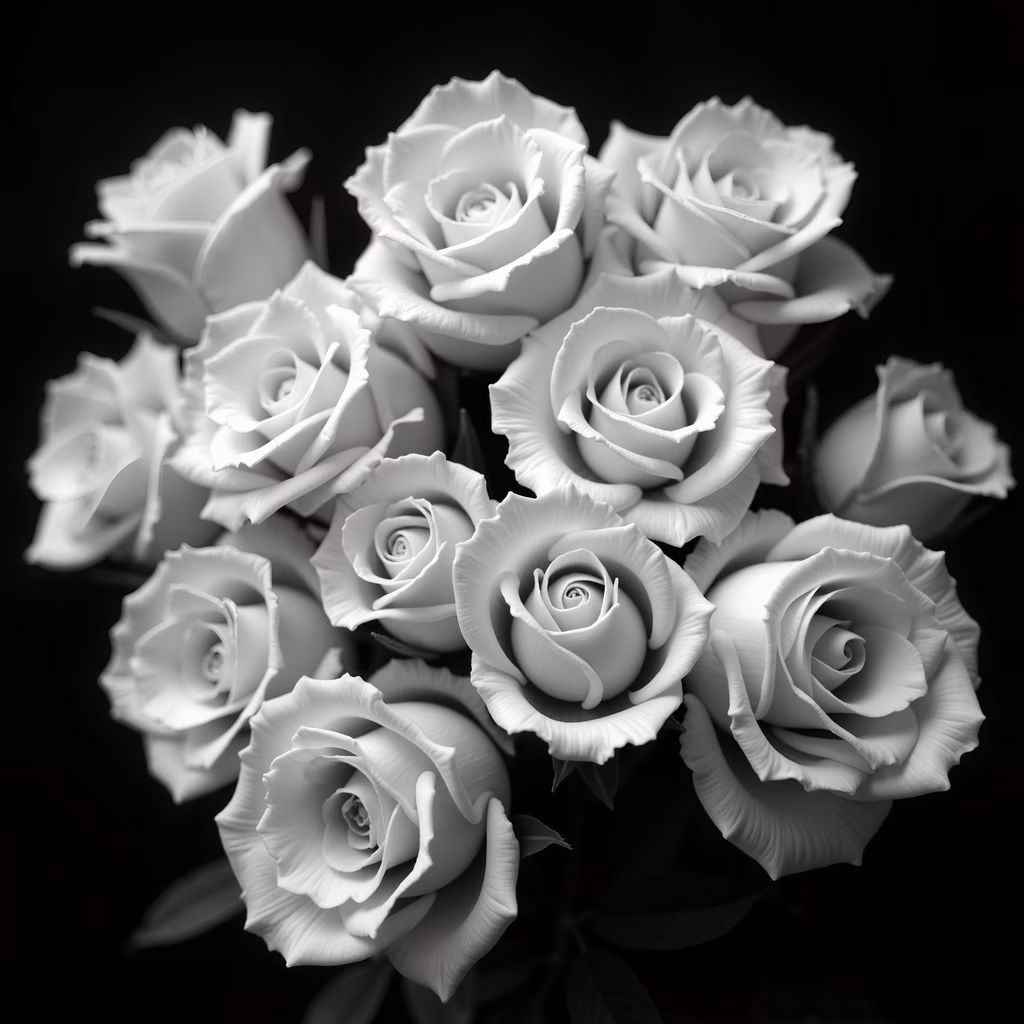 Elegant black and white floral photography featuring roses in full bloom.