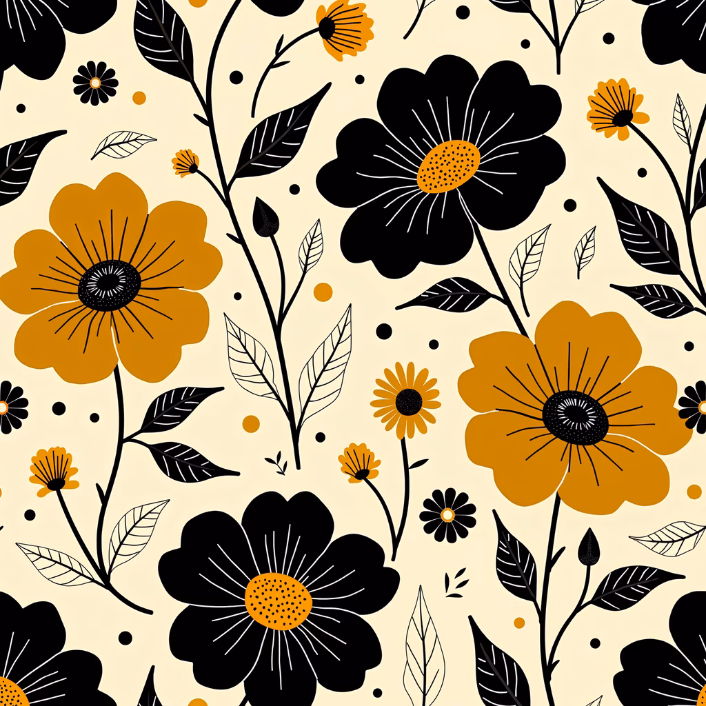 Bold black and yellow floral illustration on a creamy background.