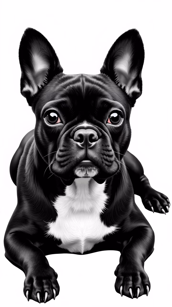 Detailed black and white illustration of a French Bulldog