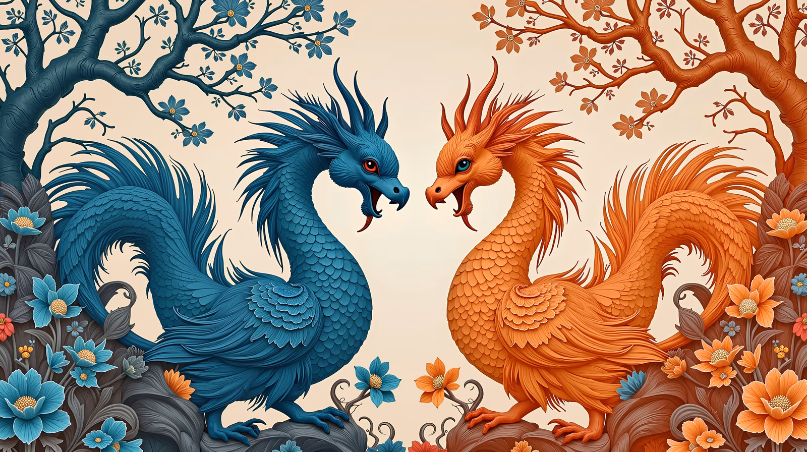 Two mythical creatures face off in a fantastical floral setting.