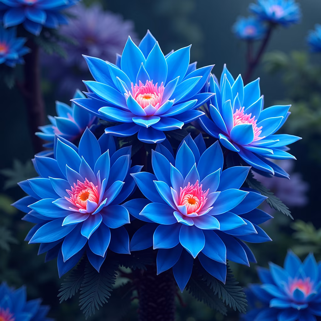 Vibrant blue lotus flowers with pink centers, serene nature illustration.